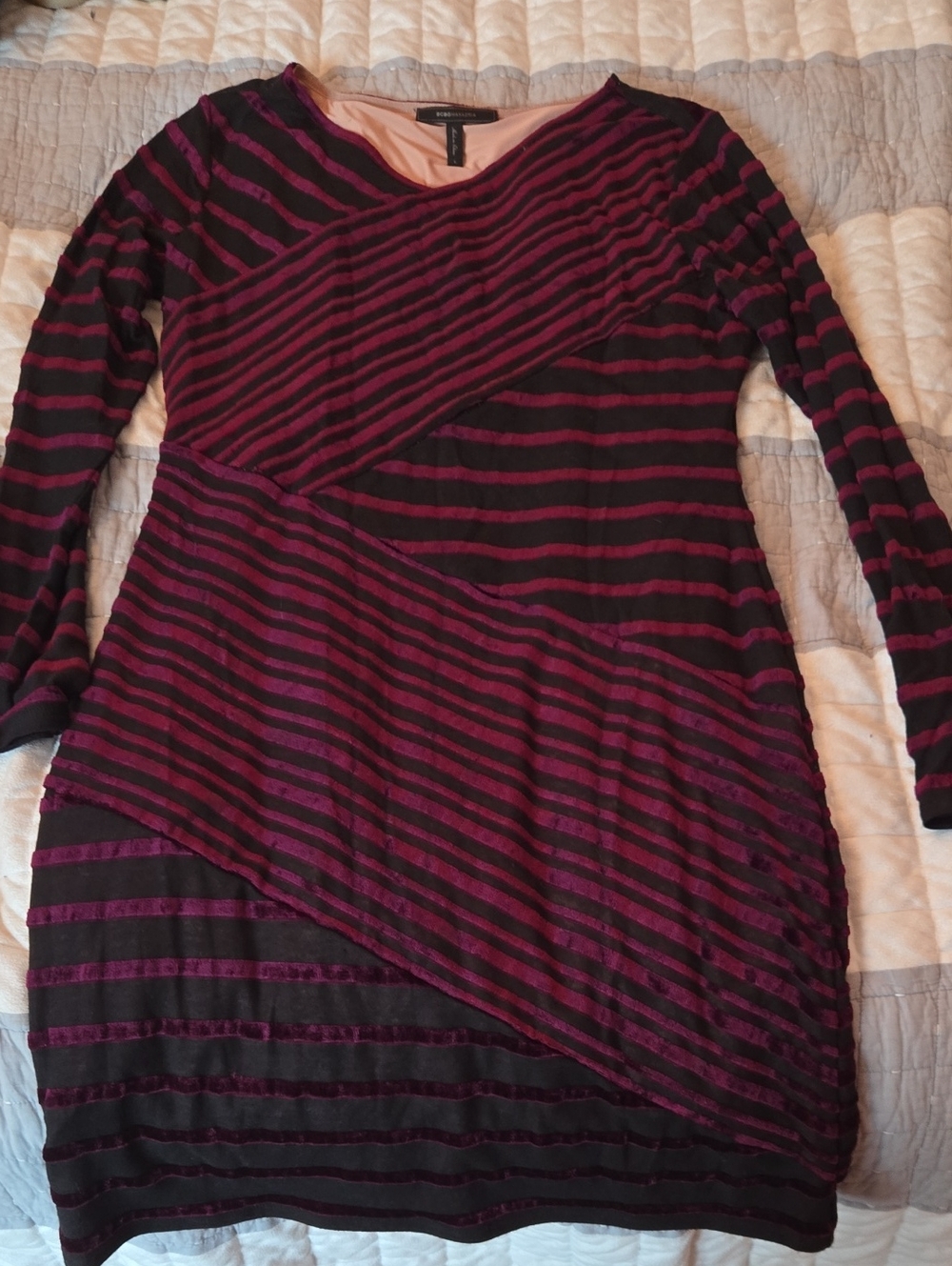BCBGMaxAzria Black and Plum Striped Long Sleeve Knit Dress